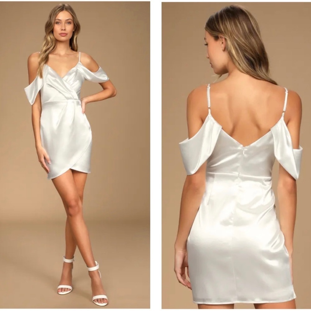 Lulu's Elegant Night White Satin Off-the-Shoulder Tulip Mini Dress